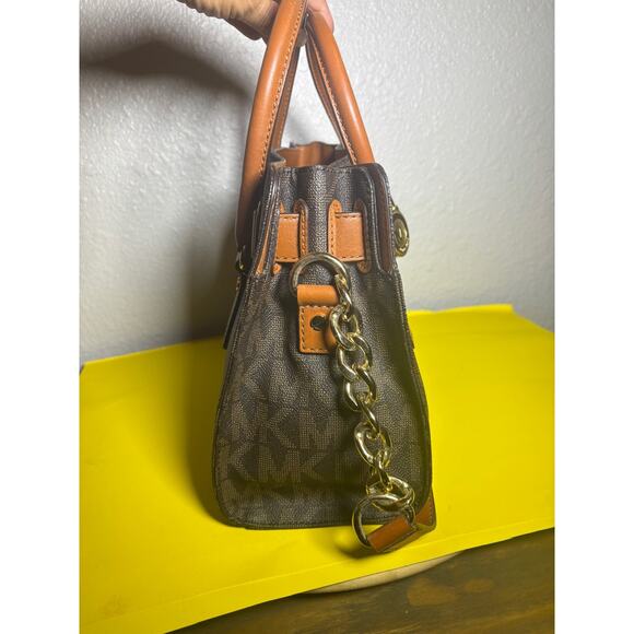Michael Kors Hamilton Brown Monogram Logo Large Satchel Tote Bag Gold Hardware - Picture 5 of 11